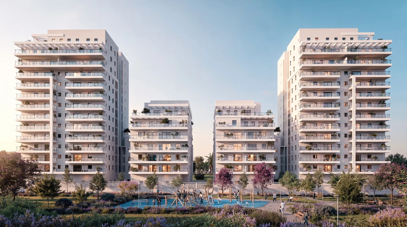 בנייני פרויקט בראשית ביבנה מזרח מעל פארק ירוק עם מתקני משחק – הדמיה